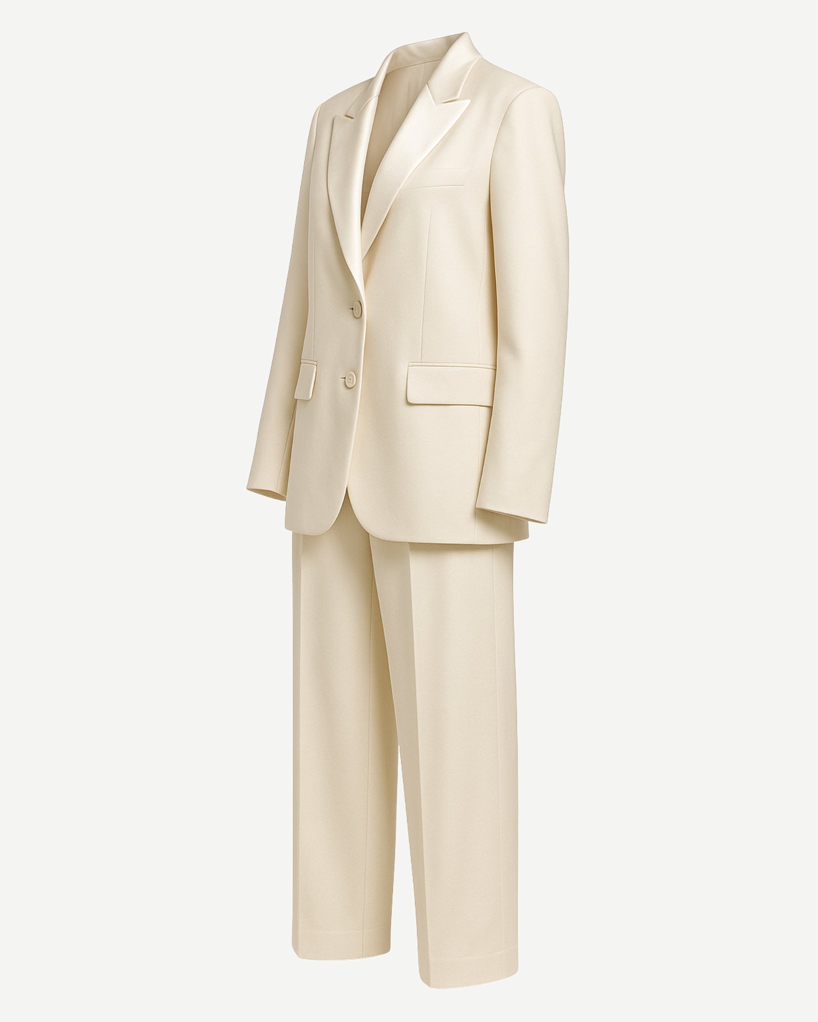 SAMPLE SALE | Women's Cream Oversized Wedding Satin Suit in a soft cream tone, featuring a relaxed oversized blazer with notch lapels, two-button closure, flap pockets, and wide-leg satin trousers for a contemporary bridal look.
