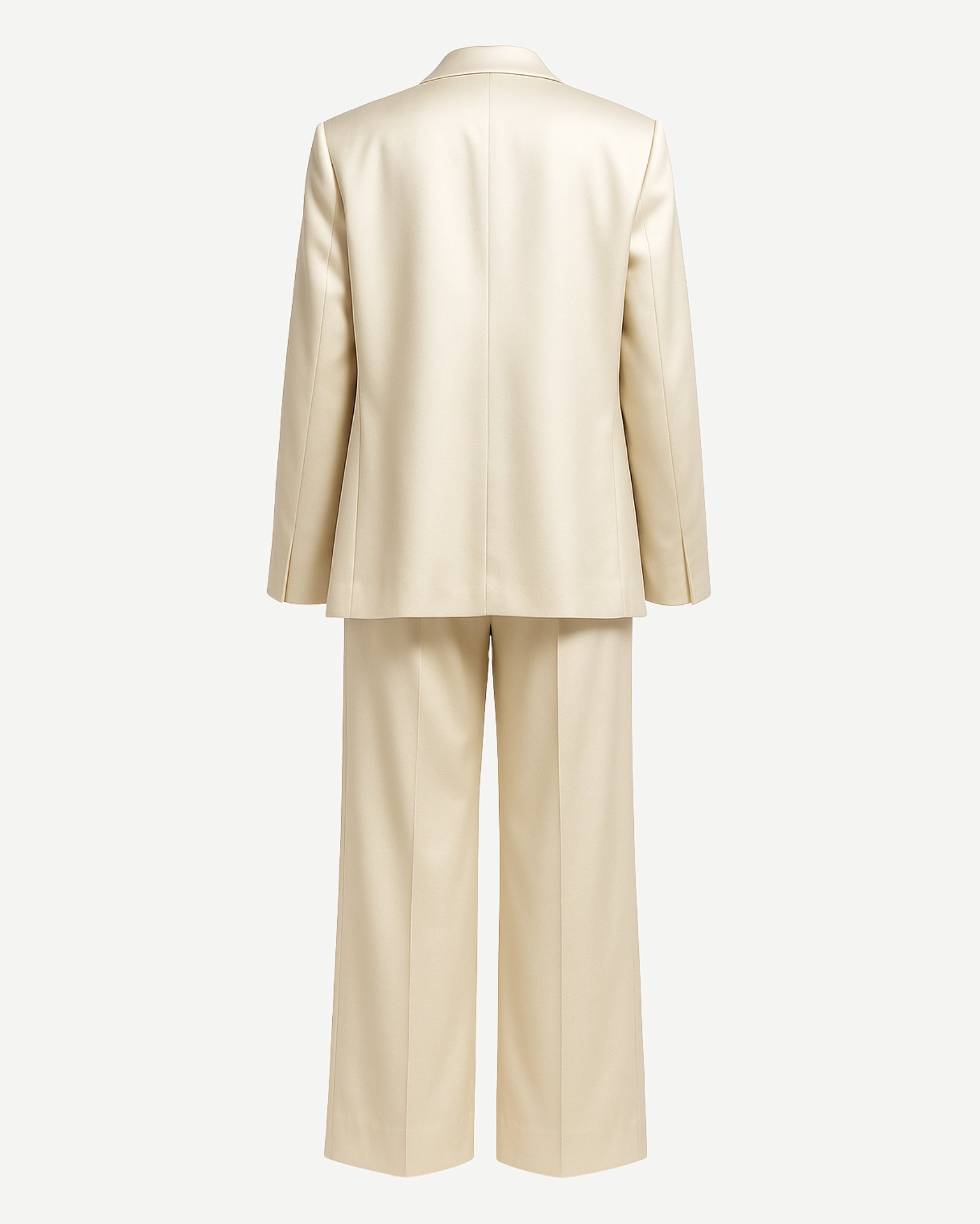SAMPLE SALE | Women's Cream Oversized Wedding Satin Suit shown from the back, featuring a soft cream satin fabric with a relaxed oversized blazer and wide-leg trousers for a modern bridal pantsuit.