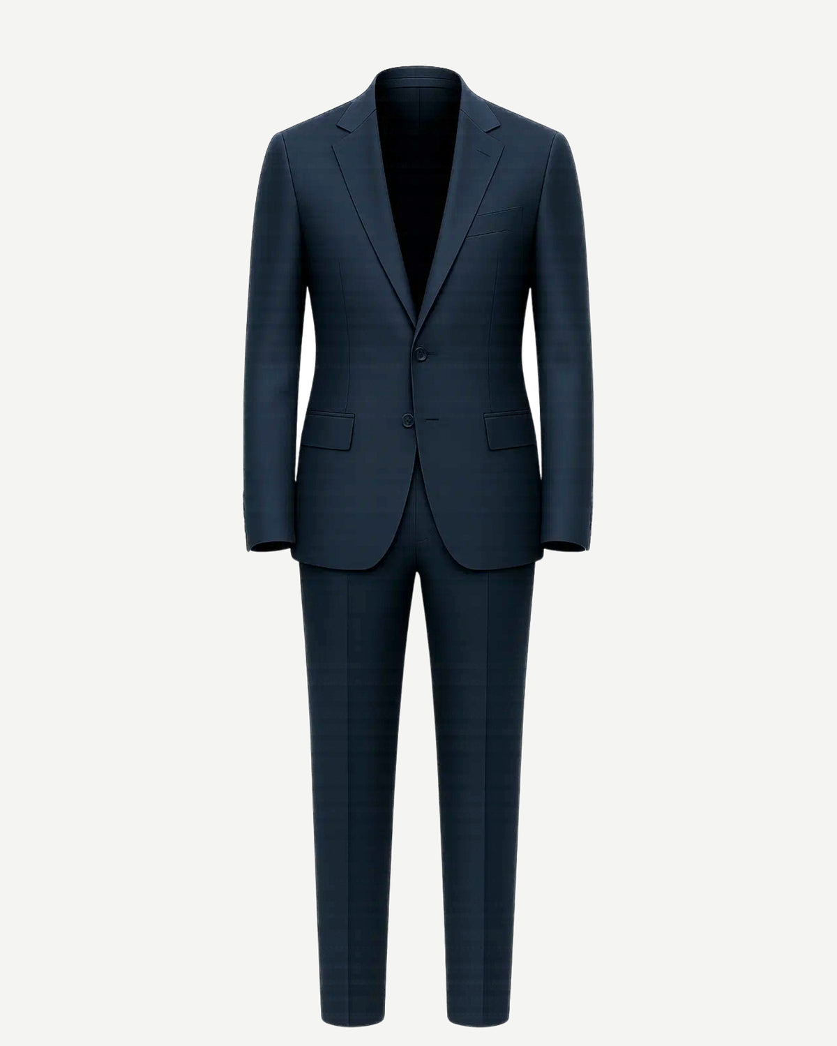 Men's Navy Blue Classic Tailored Suit Set featuring a sharp two-button blazer with notch lapels, flap pockets, and slim-fit trousers in a refined navy fabric perfect for formal business wear.