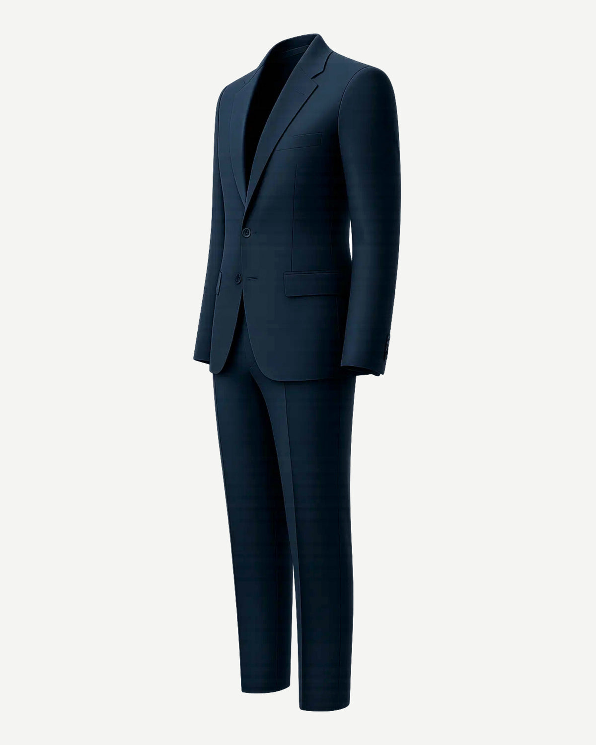 Men's Navy Blue Classic Tailored Suit Set displaying a modern fit two-button blazer with notch lapels, flap pockets, and matching slim trousers in a deep navy fabric for refined business attire.