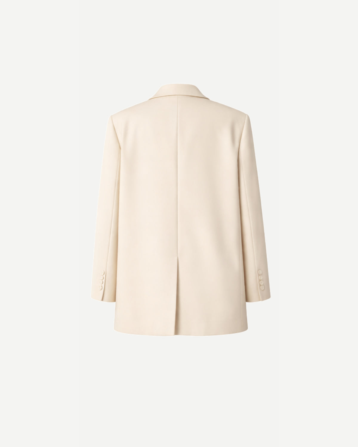 Women's Wearhouse | Women's Oversized Cream Suit Jacket shown from the back, featuring a smooth cream fabric, long sleeves with button cuffs, and a clean, tailored vented silhouette.