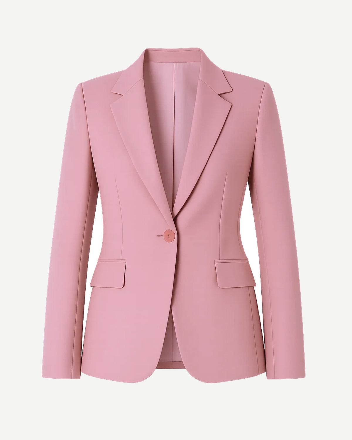 Women's Pink Loro Piana Single Button Tailored Blazer with a single-button closure, notched lapels, and flap pockets, crafted in luxurious soft pink fabric for refined women's suiting.