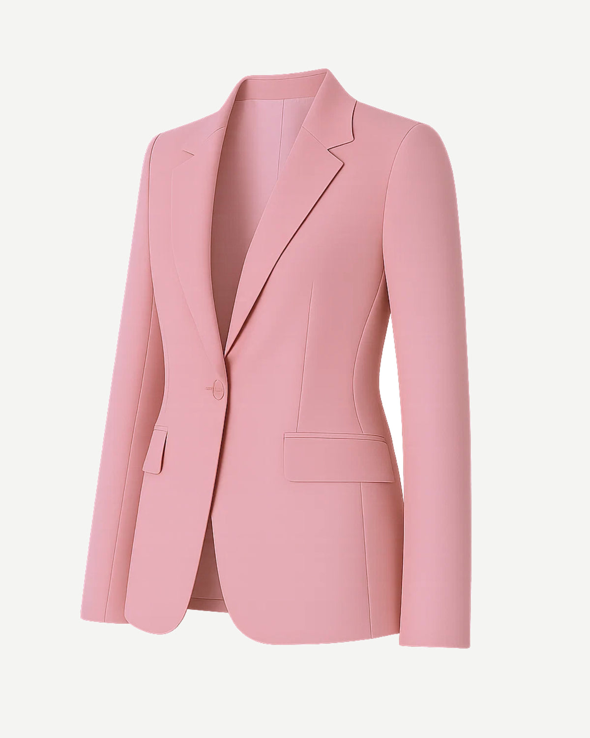 Women's Pink Loro Piana Single Button Tailored Blazer with sleek notch lapels, structured shoulders, and flap pockets in a soft pink luxury fabric for elegant women's business suiting.