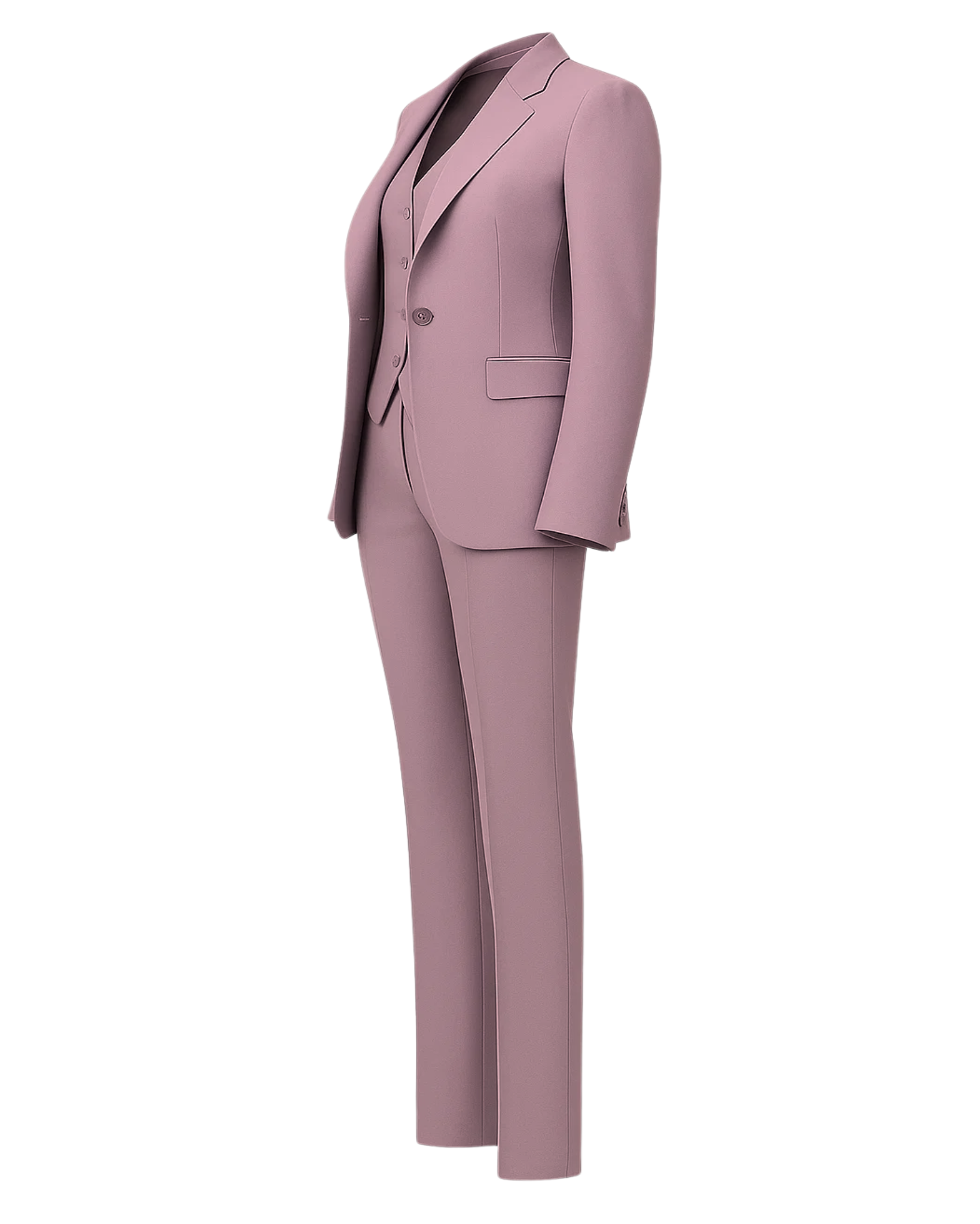 Women's Pink Loro Piana Three Piece Tapered Pants Suit featuring a tailored blazer with notch lapels, a fitted buttoned vest, and slim tapered trousers in soft pink luxury fabric for elegant business suiting.