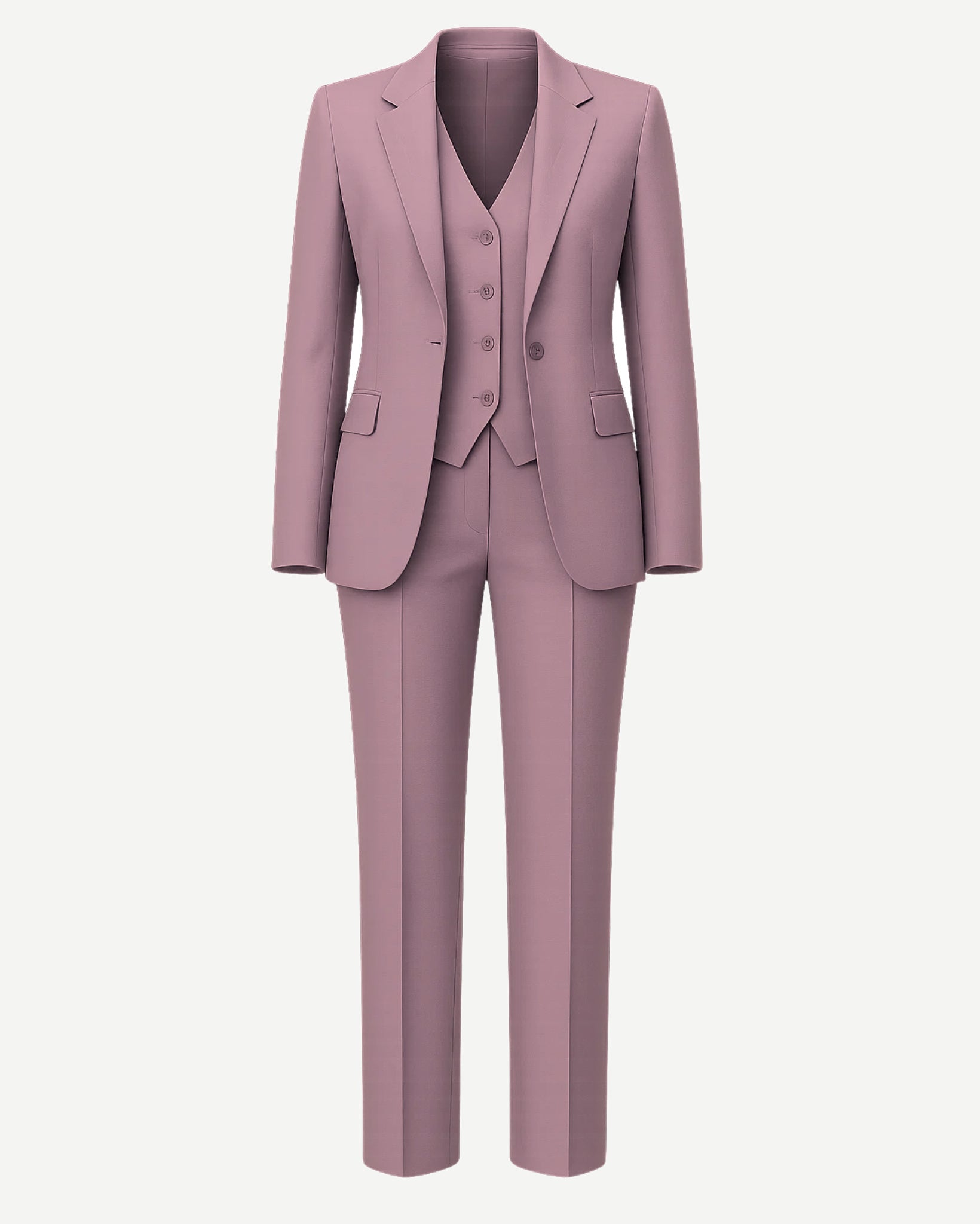 Women's Pink Loro Piana Three Piece Tapered Pants Suit featuring a tailored blazer with notch lapels, a fitted buttoned vest, and slim tapered trousers in soft pink luxury fabric.
