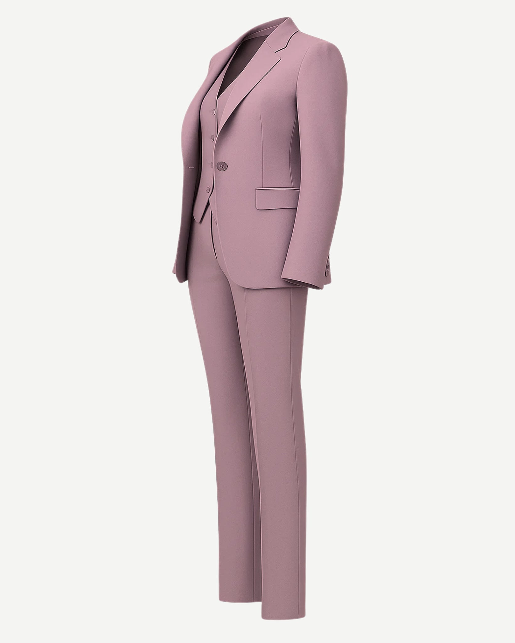 Women's Pink Loro Piana Three Piece Tapered Pants Suit featuring a tailored blazer with notch lapels, a fitted buttoned vest, and slim tapered trousers in soft pink luxury fabric for elegant business suiting.