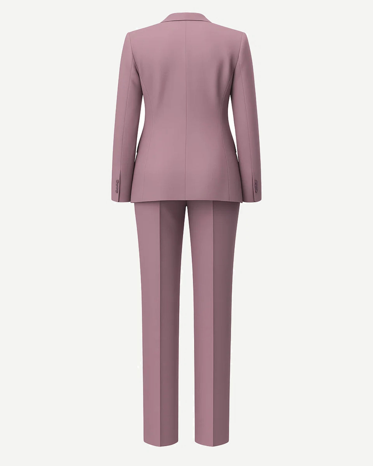 Women's Pink Loro Piana Three Piece Tapered Pants Suit shown from the back, highlighting the sleek tailored blazer with long sleeves and slim tapered trousers in soft pink luxury fabric.