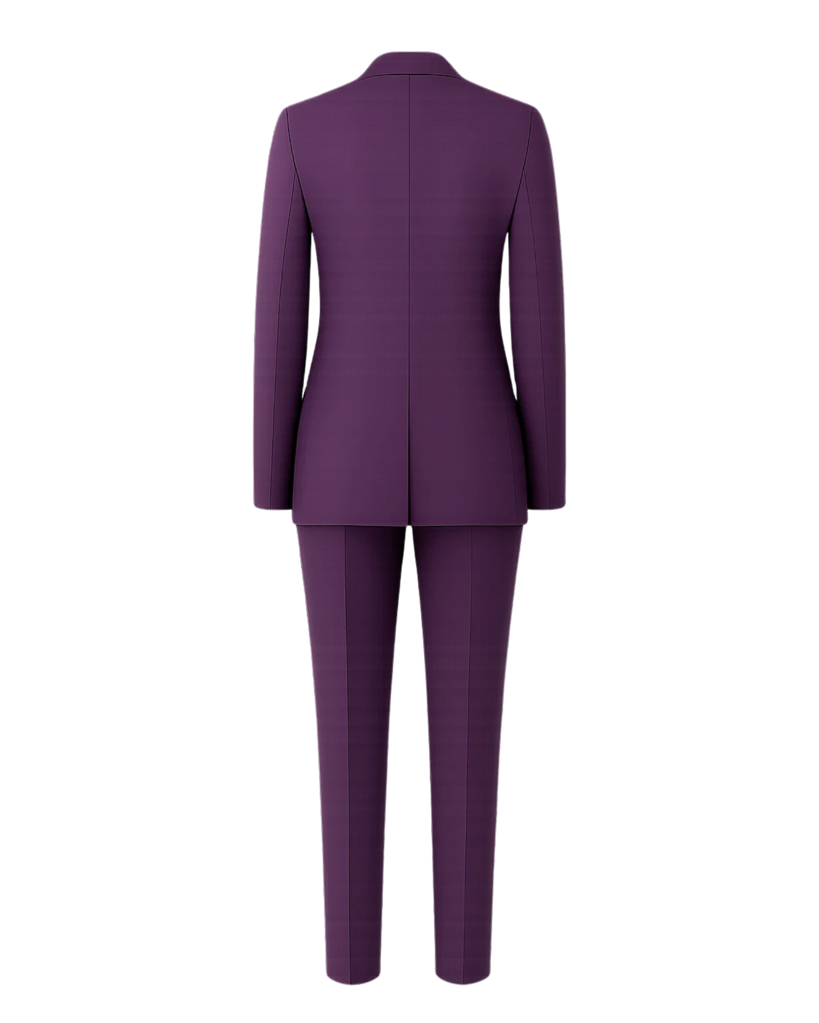 Women's Purple Loro Piana Blazer Tapered Pants Suit Set shown from the back, featuring a tailored blazer with a clean, structured fit and slim tapered trousers in rich purple fabric.