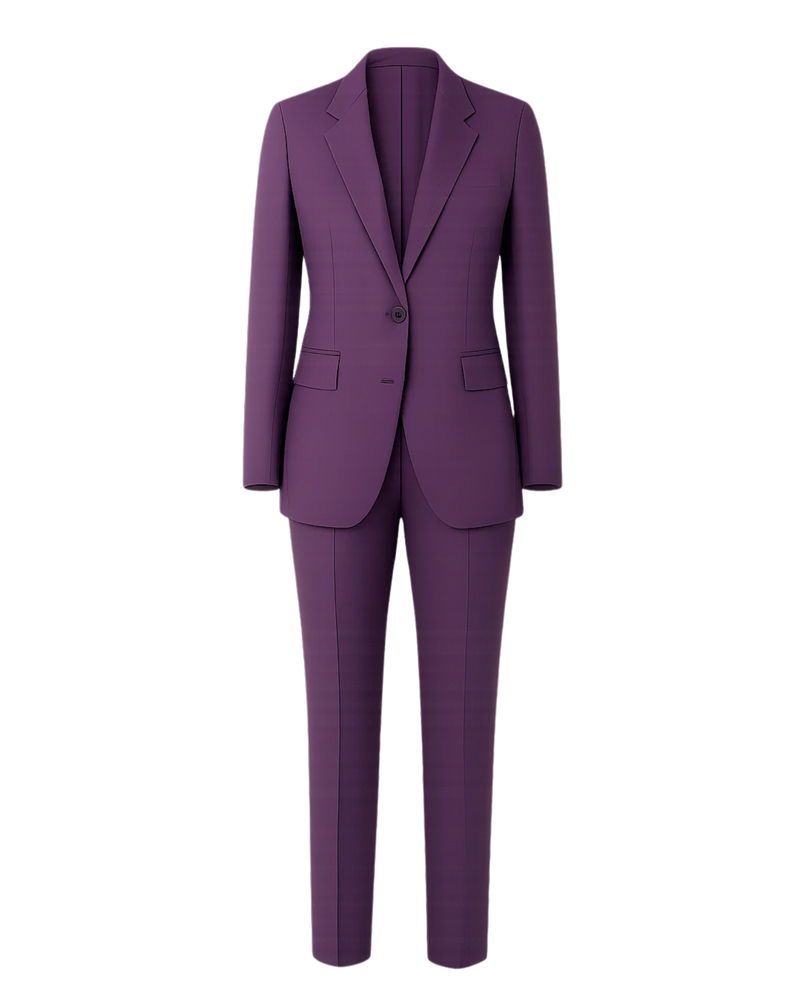 Women's Purple Loro Piana Blazer Tapered Pants Suit Set featuring a sleek tailored blazer with notch lapels and a single-button closure, paired with slim-fit tapered trousers for a refined silhouette.
