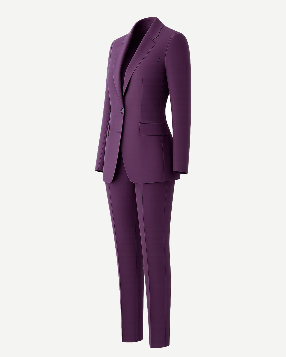 Women's Purple Loro Piana Blazer Tapered Pants Suit Set featuring a tailored single-button blazer with structured shoulders and notch lapels, paired with high-rise slim tapered trousers for a sophisticated look.