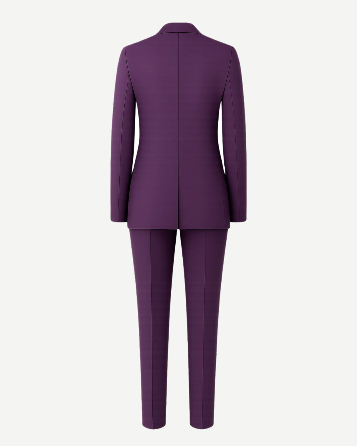 Women's Purple Loro Piana Blazer Tapered Pants Suit Set shown from the back, featuring a tailored blazer with a clean, structured fit and slim tapered trousers in rich purple fabric.