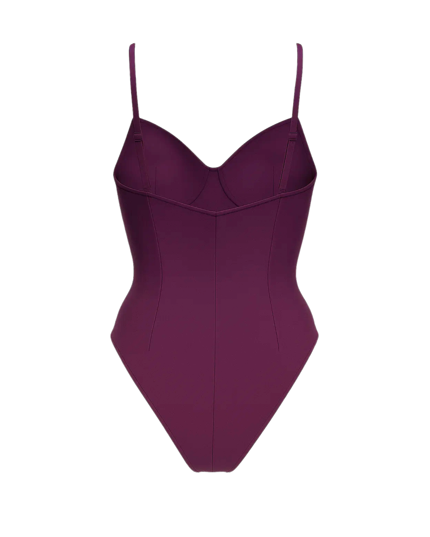 Women's Purple Loro Piana Corset Bodysuit Superfine Merino Wool featuring structured cups, slim contouring seams, delicate adjustable straps, and a sleek, elegant silhouette in rich purple fabric.