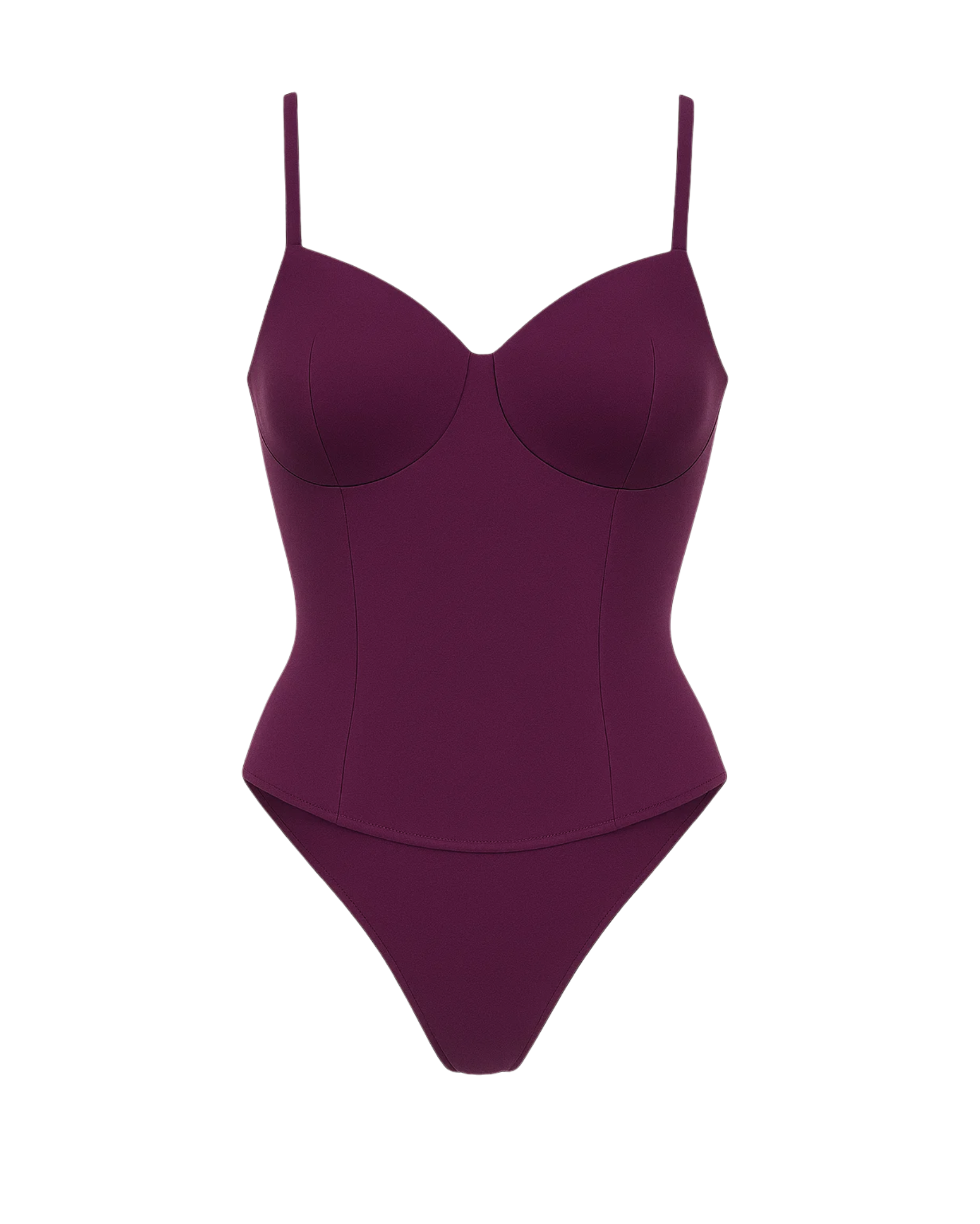 Women's Purple Loro Piana Corset Bodysuit Superfine Merino Wool with structured cups, slim fitted waist, delicate shoulder straps, and a smooth sleek silhouette in rich purple fabric.