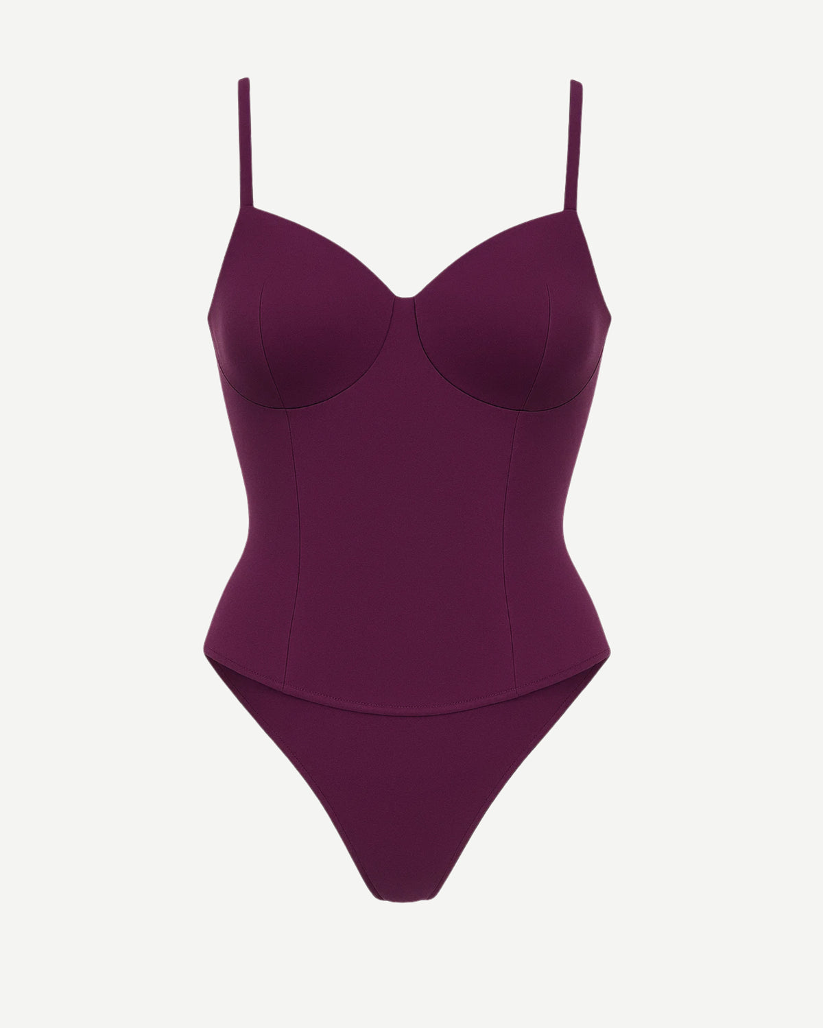 Women's Purple Loro Piana Corset Bodysuit Superfine Merino Wool with structured cups, slim fitted waist, delicate shoulder straps, and a smooth sleek silhouette in rich purple fabric.
