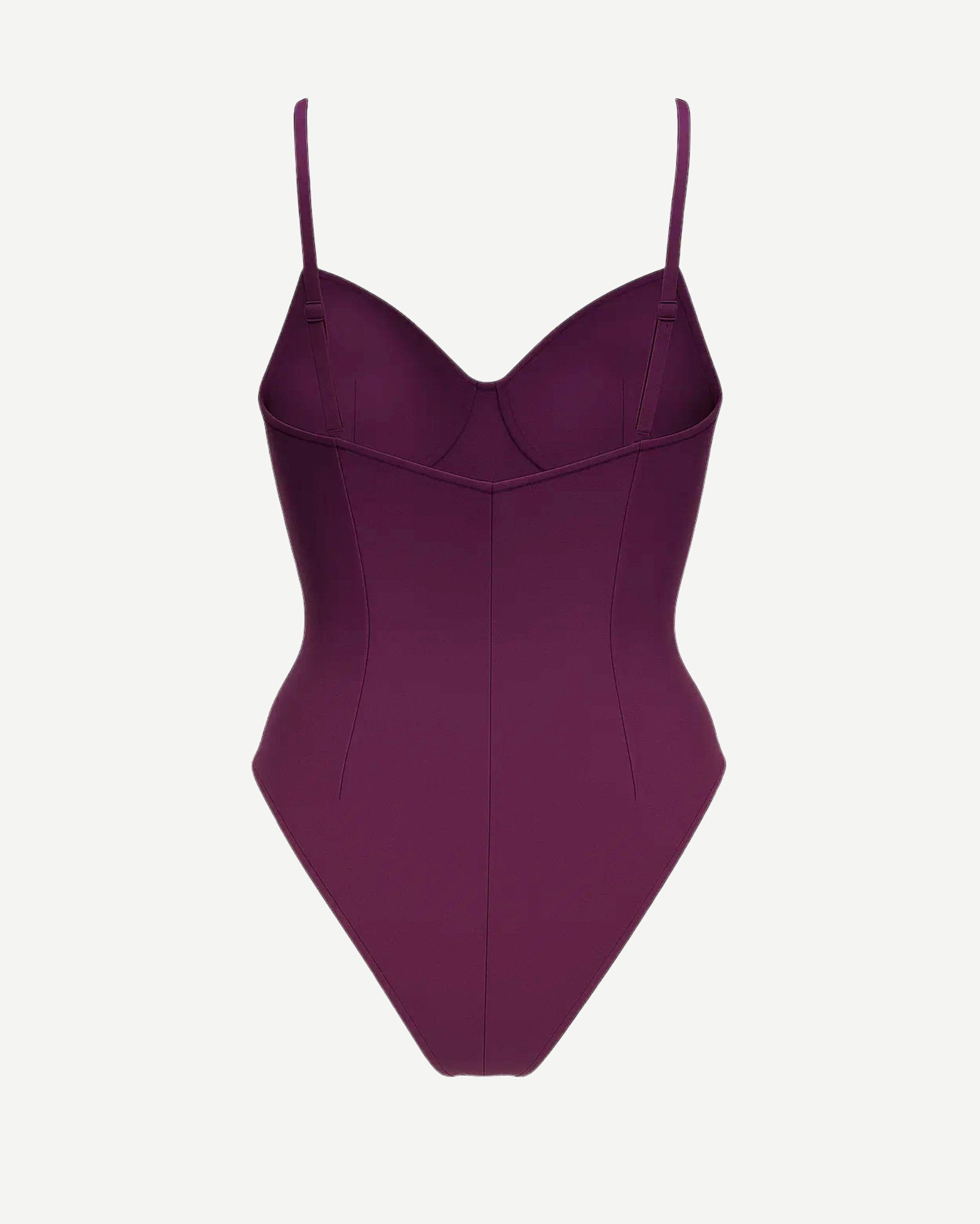 Women's Purple Loro Piana Corset Bodysuit Superfine Merino Wool featuring structured cups, slim contouring seams, delicate adjustable straps, and a sleek, elegant silhouette in rich purple fabric.