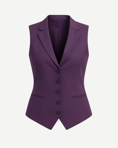Women's Purple Five Button Vest featuring a tailored sleeveless design with notch lapels, five front buttons, and sleek welt pockets for a sharp, modern tailored look.
