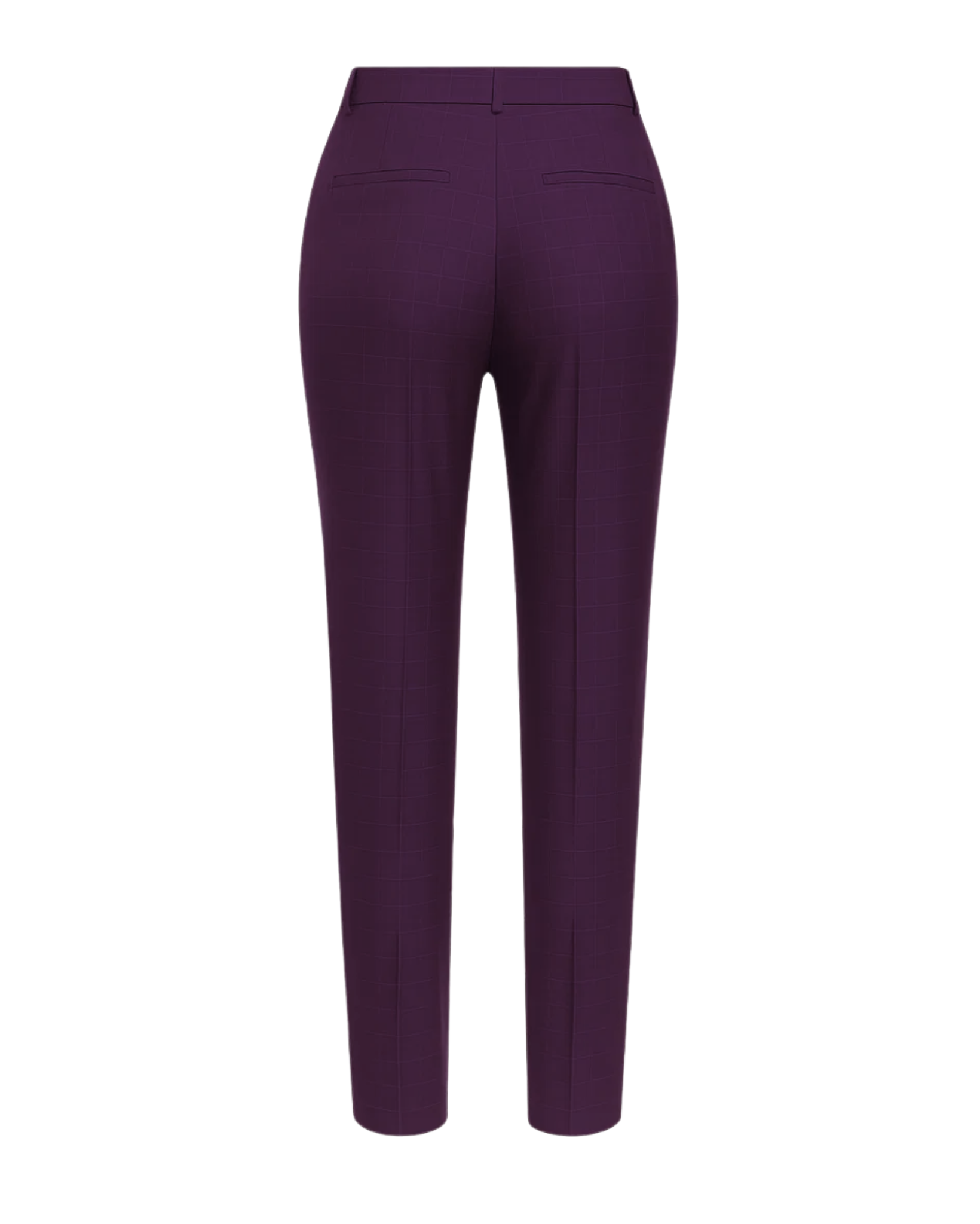 Women's Purple Loro Piana Tapered Pants Superfine Merino Wool showcasing a tailored high-rise waist, sleek tapered legs, and subtle back welt pockets in luxurious deep purple fabric.
