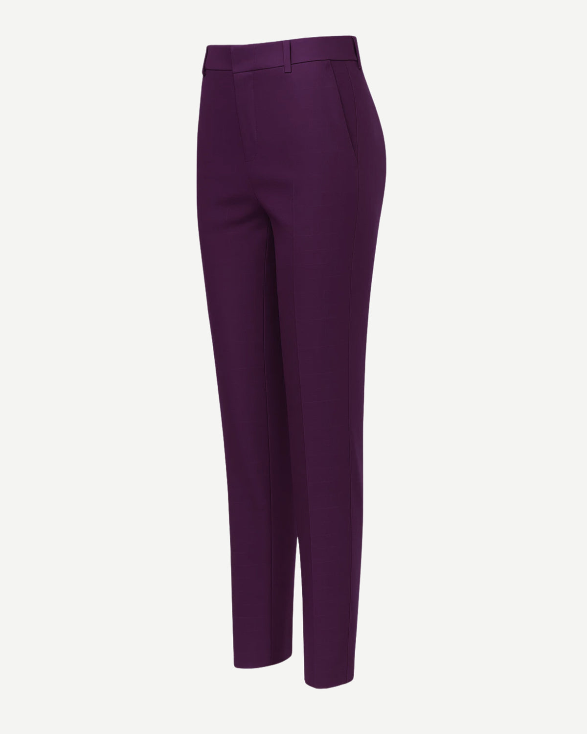 Women's Purple Loro Piana Tapered Pants Superfine Merino Wool featuring a high-rise fit, sleek tailored cut through the legs, and a refined silhouette in rich purple luxury wool fabric.