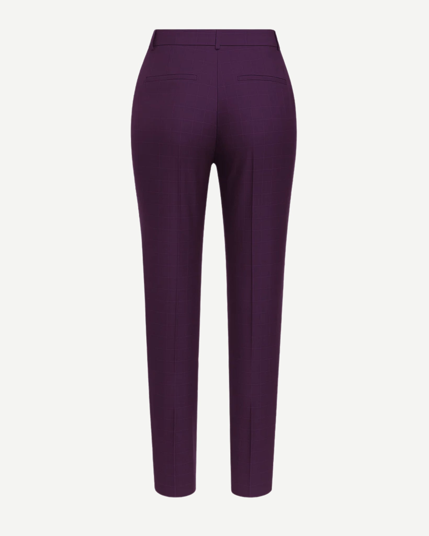 Women's Purple Loro Piana Tapered Pants Superfine Merino Wool showcasing a tailored high-rise waist, sleek tapered legs, and subtle back welt pockets in luxurious deep purple fabric.