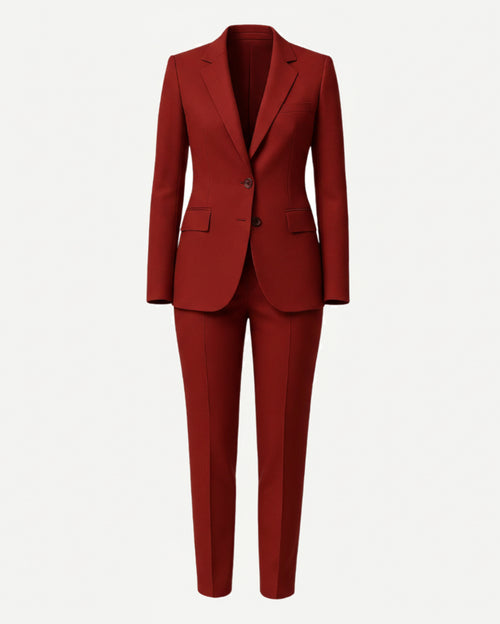 Red suit jacket and pants on a white background