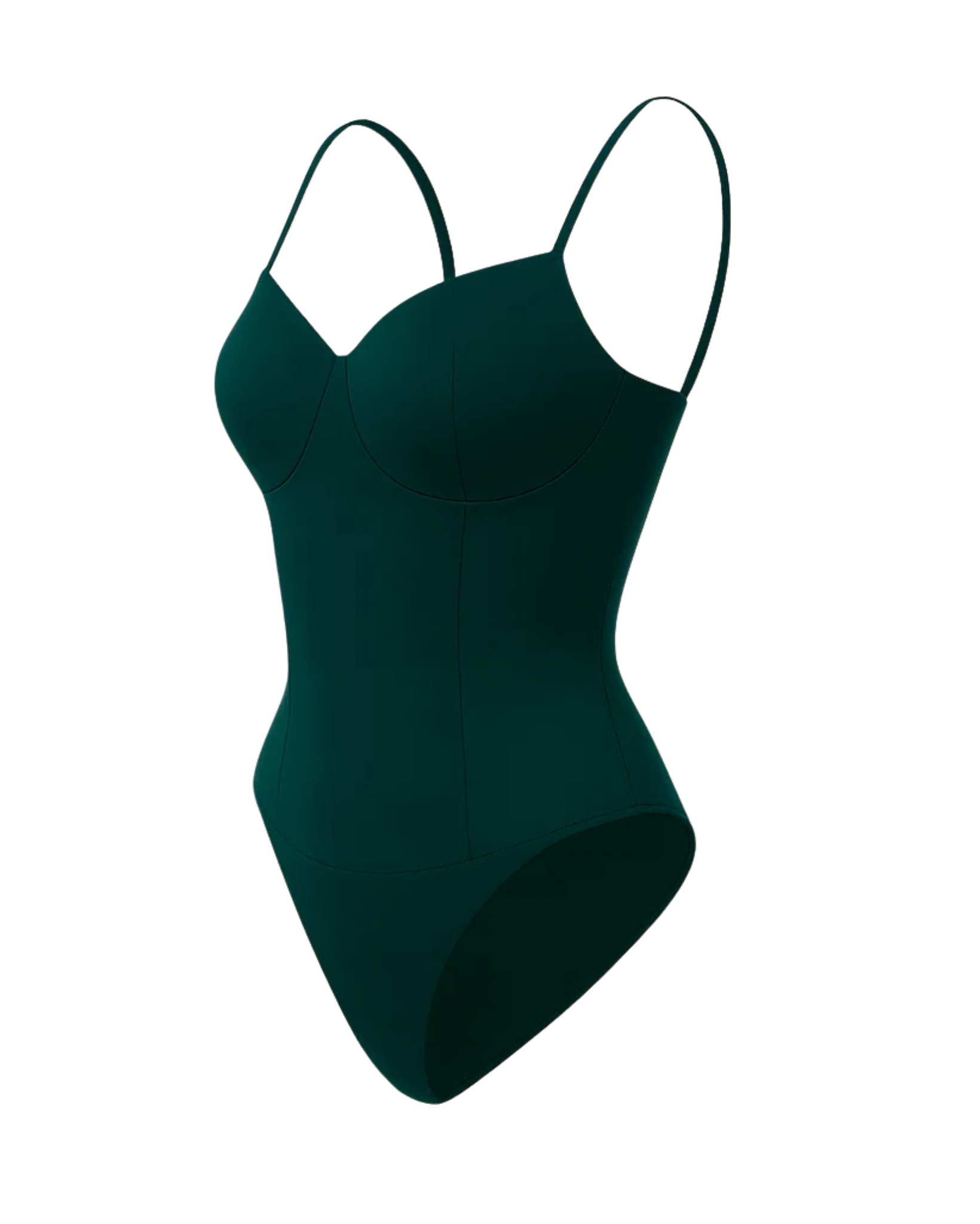 Women's Teal Loro Piana Corset Bodysuit Superfine Merino Wool with structured cups, slim contour seams, adjustable thin straps, and a smooth, fitted silhouette in rich teal fabric.