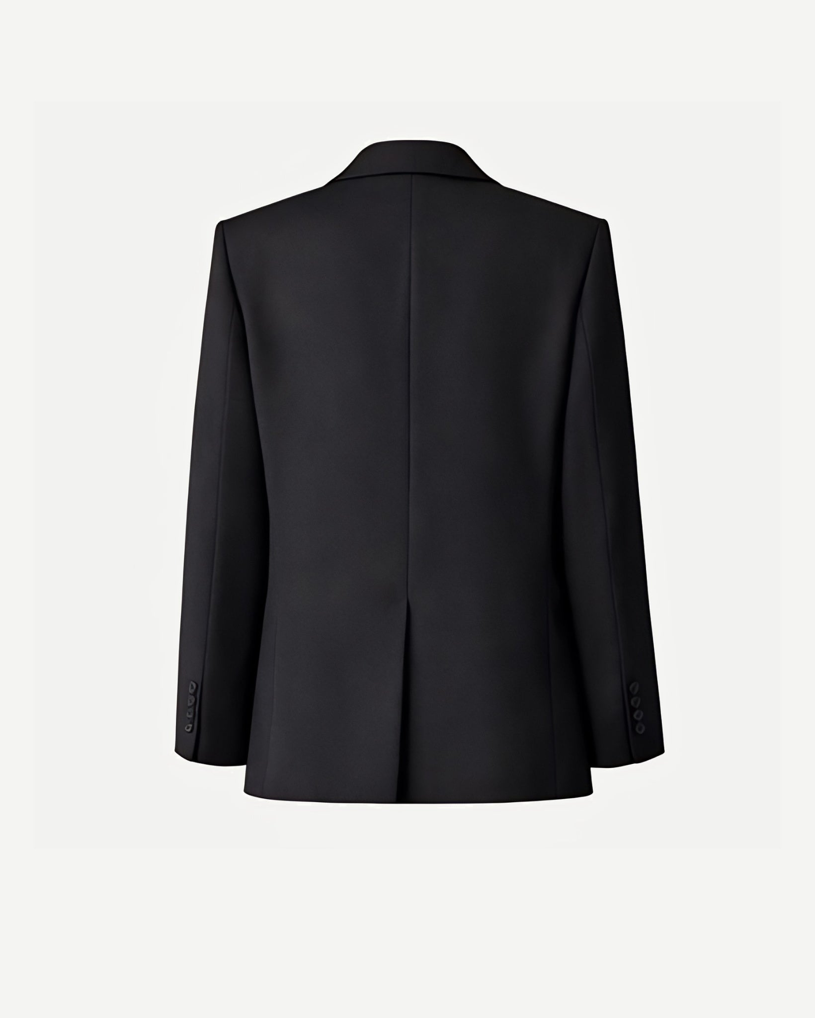 Women's Wearhouse | Black Oversized Wedding Jacket shown from the back, featuring a smooth black fabric, long sleeves with button cuffs, and a center vent for an elegant tailored finish.