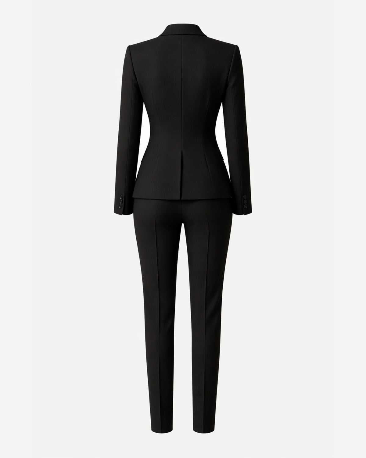 Women's Wearhouse| Women's Black Fitted Wedding Suit shown from the back, featuring a tailored blazer with structured shoulders and slim, tapered trousers in smooth black fabric for a sleek bridal look.