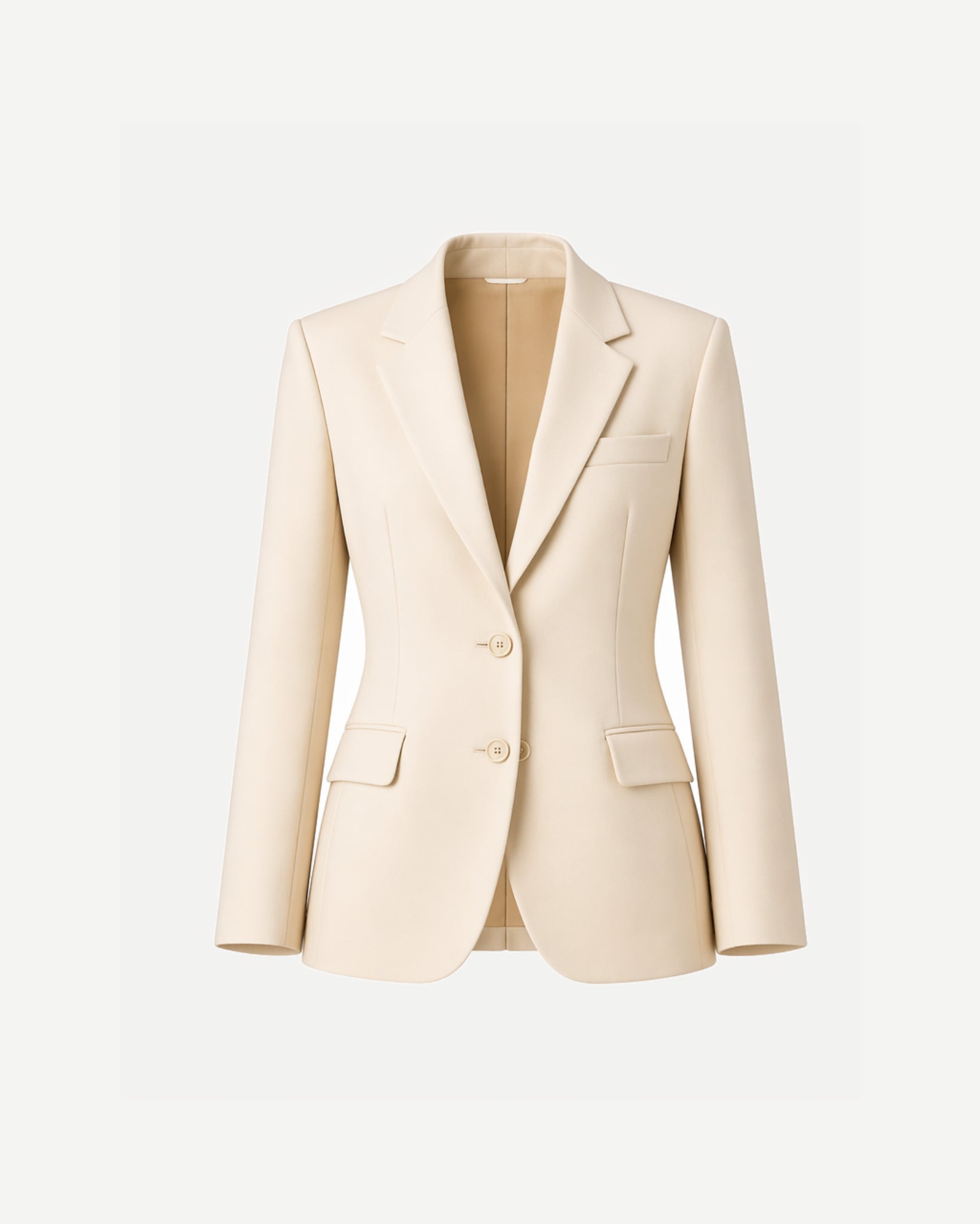 Women's Wearhouse | Women's Fitted Cream Suit Jacket in a smooth cream fabric, featuring a tailored silhouette with notch lapels, two-button closure, and flap pockets for elegant women's suiting.