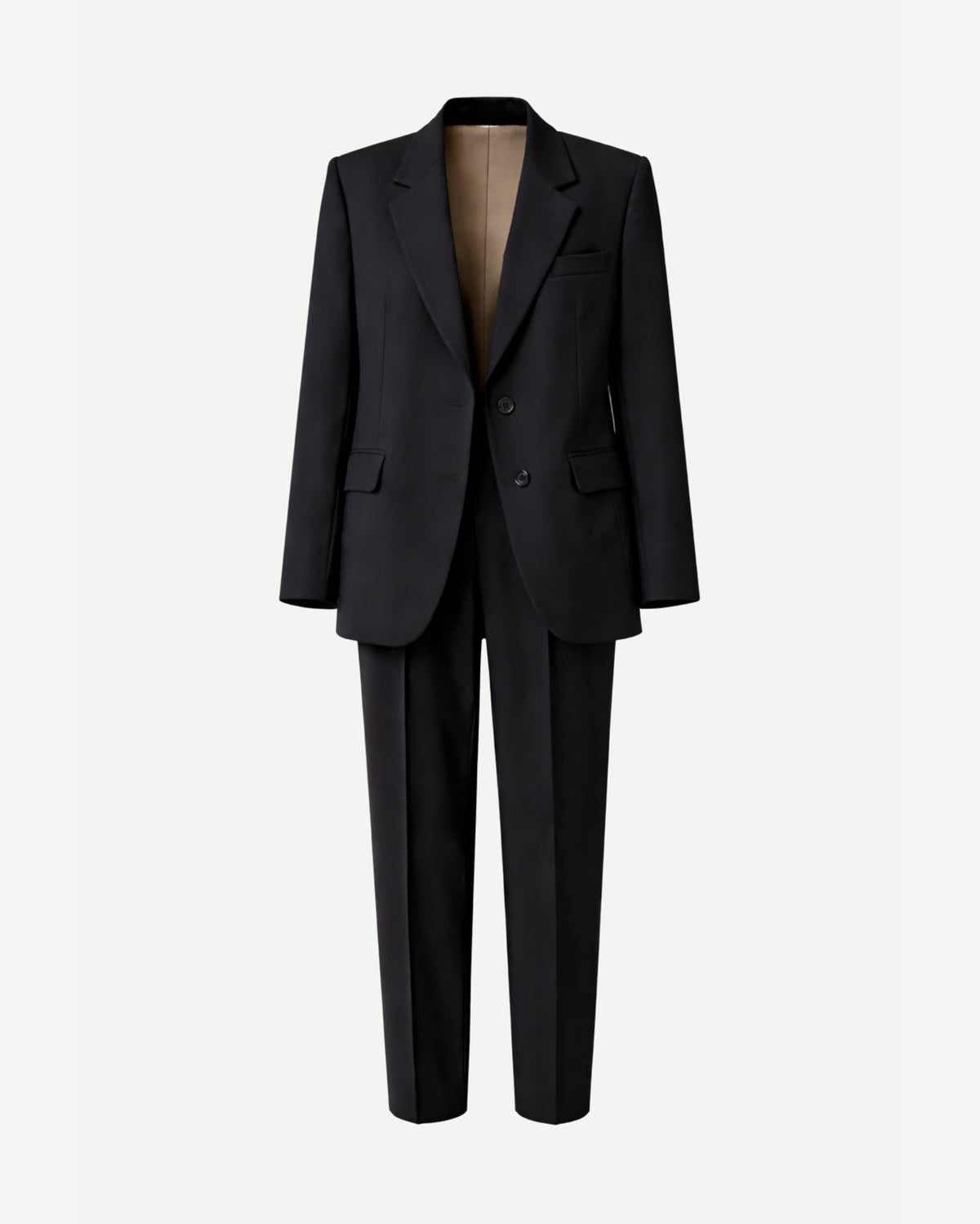 Women's Wearhouse | Black Oversized Wedding Suit featuring a relaxed double-button blazer with classic notch lapels and straight-leg tailored trousers in smooth black fabric for a modern, androgynous bridal look.